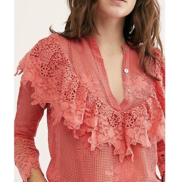 Free People Jen's Pirate Booty Lace Ruffled Sea Side Net Mesh Bohemian blouse - Picture 3 of 9